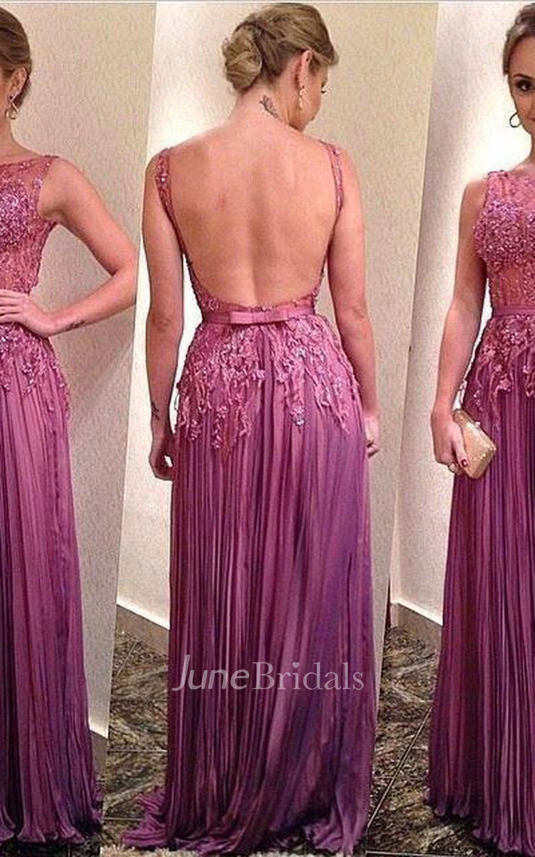 Elegant Illusion Open Back Prom Dress Lace Appliques Floor-length