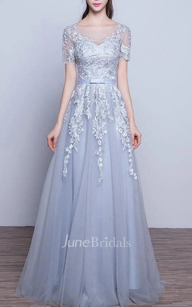 Short Sleeve A-line Long Tulle Dress with Appliques