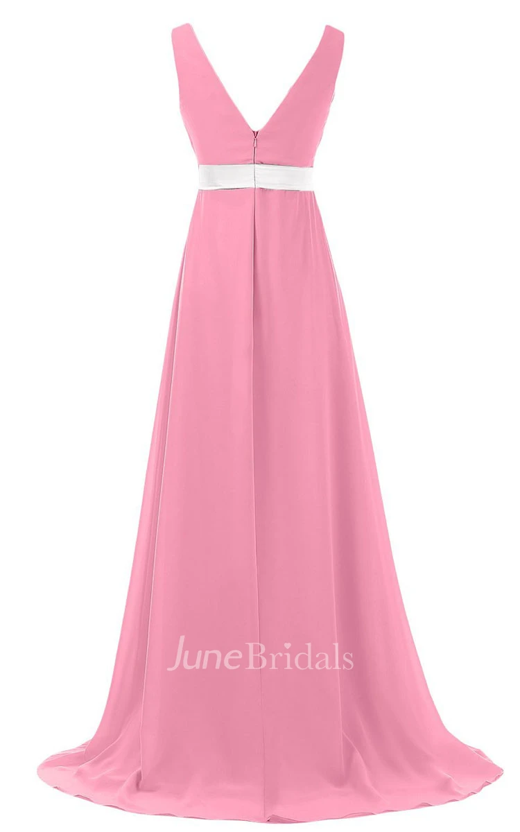 V-neck Pleated Chiffon A-line Gown With Beaded Band