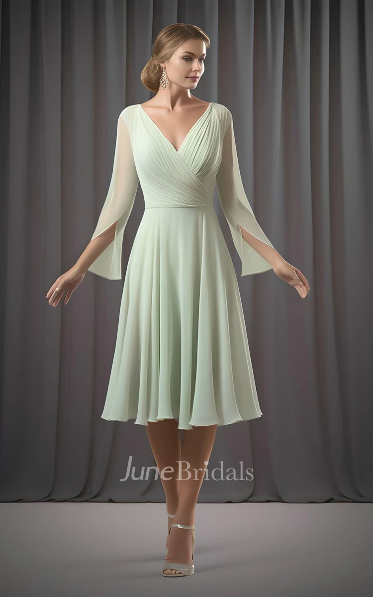 Elegant A-Line V-neck Chiffon Mother of the Bride Dress Casual Sexy Knee-length 3/4 Length Illusion Sleeve