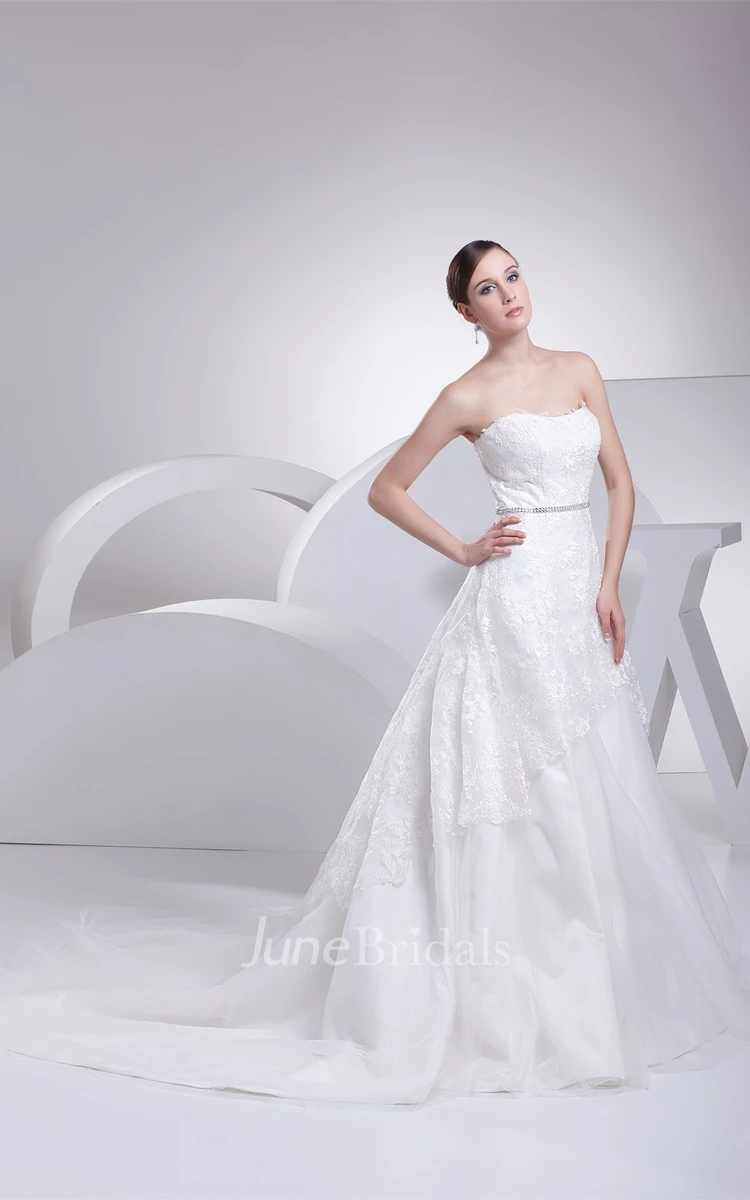 Strapless Appliqued A-Line Gown with Jeweled Waist