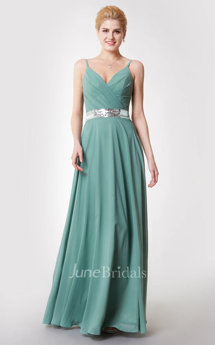Demure V Neck Ruched Chiffon Gown With Beaded Sash