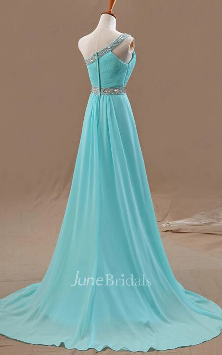 One-shoulder Long A-line Chiffon Wedding Dress With Ruching And Beading