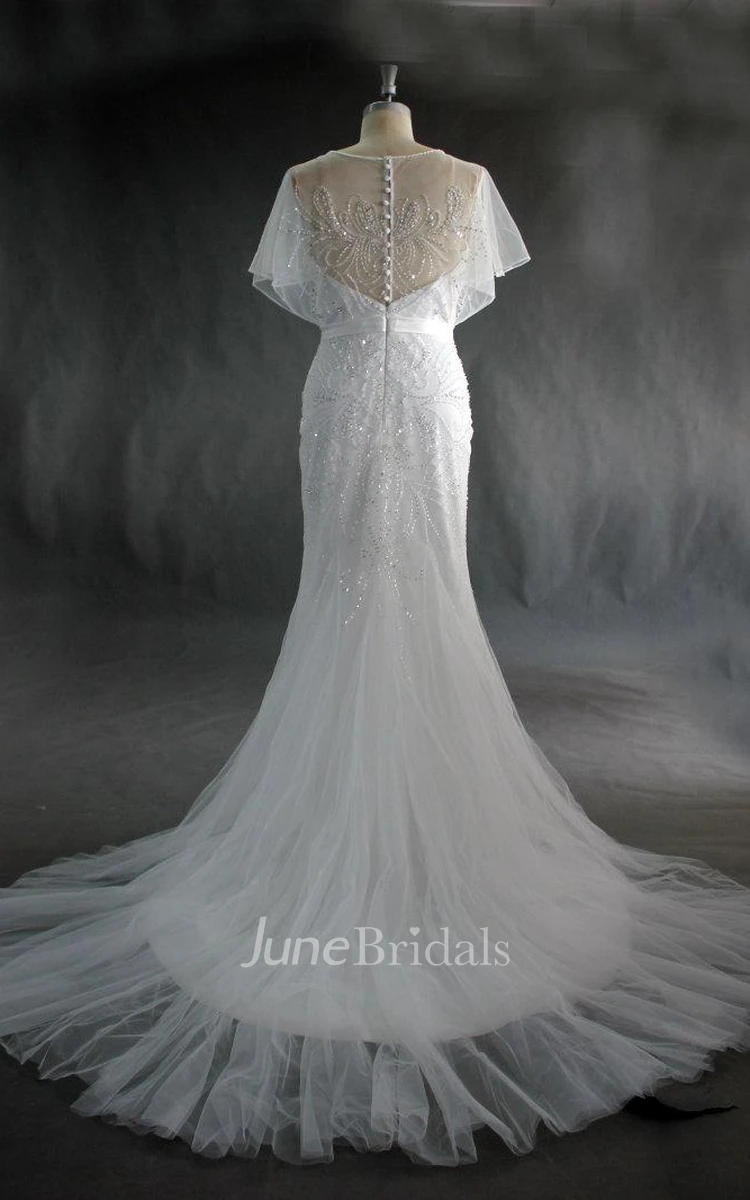 Jewel Neck Tulle Mermaid Wedding Dress With Beading