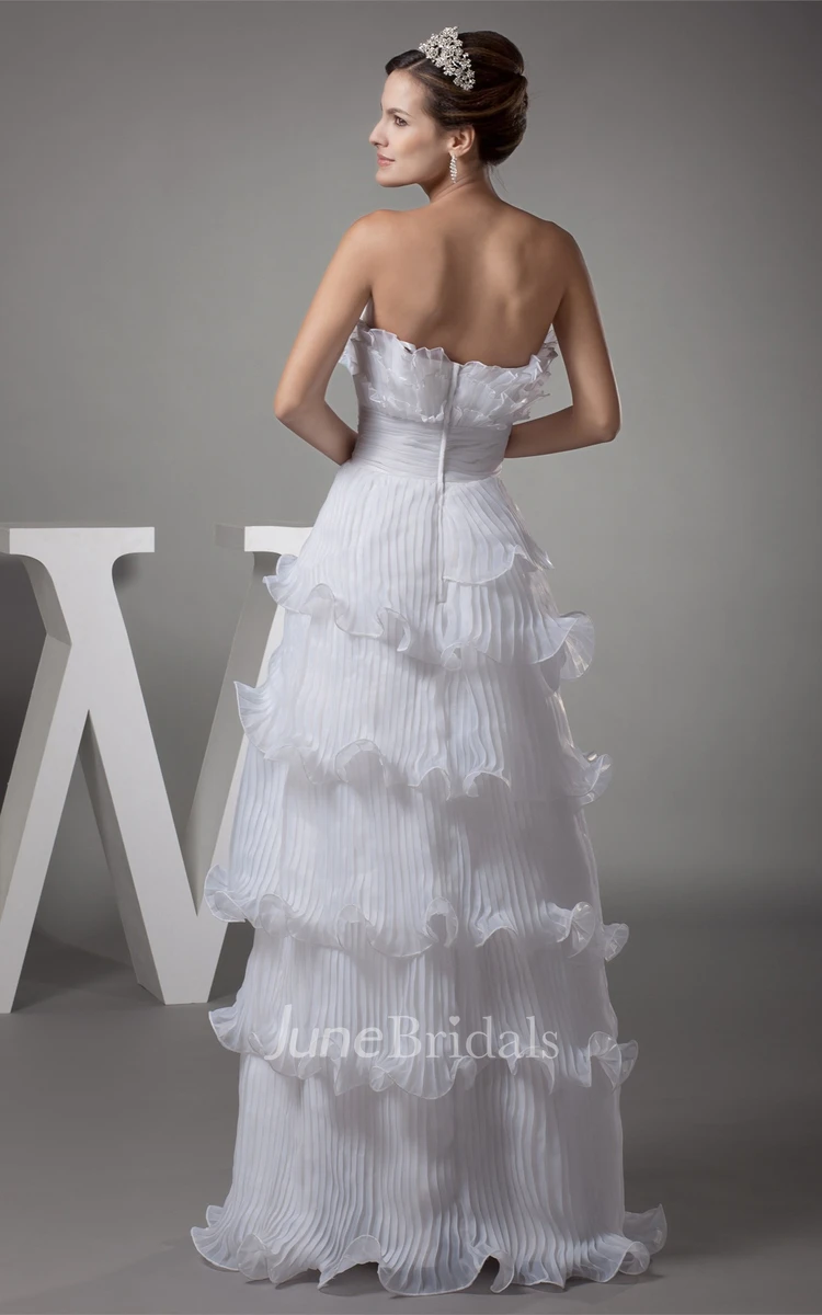 Strapless A-Line Tiered Dress with Flower and Overall Ruched Design