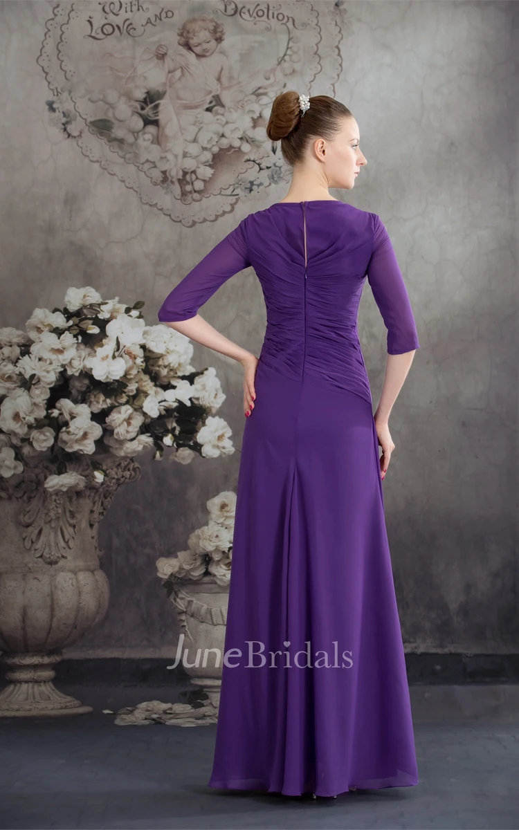 Square-Neck Half-Sleeve Chiffon Maxi Dress with Central Ruching and Beading