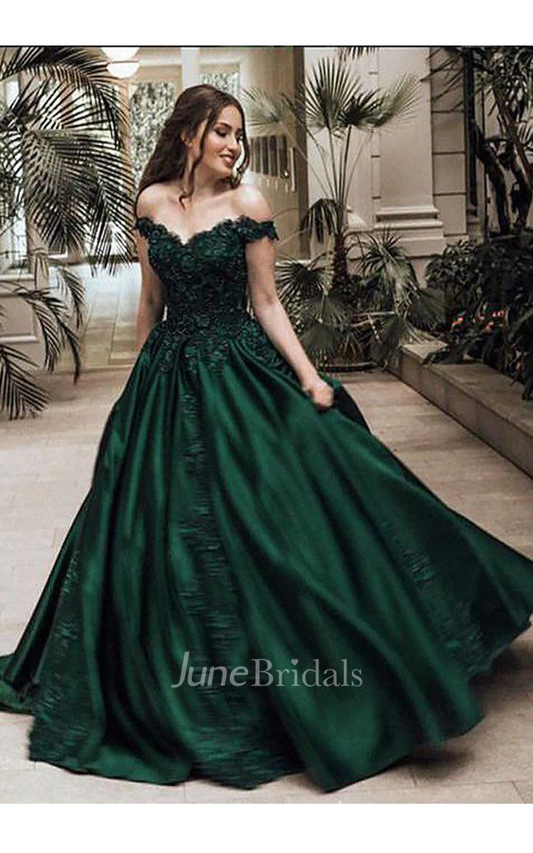 Ball Gown Off the shoulder Sleeveless Floor Length Lace Satin Dress June Bridals