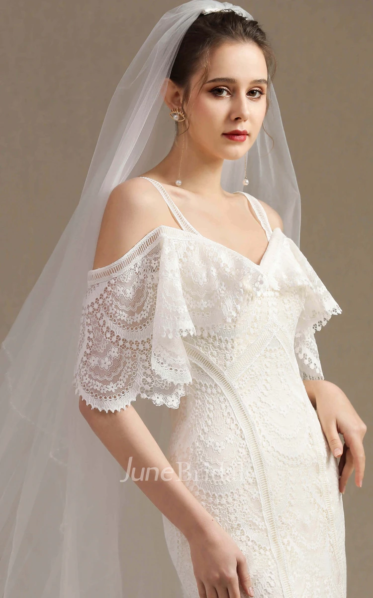 Half Sleeve Off-the-shoulder Fancy Cute Lace Mermaid Wedding Dress With Straps