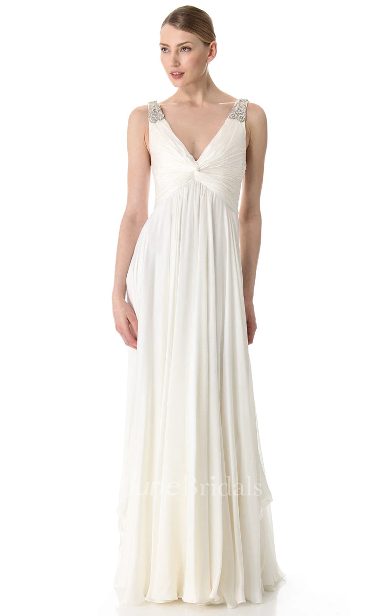 Deep-V Neckline Empire Chiffon Floor-length Dress With Broad Straps