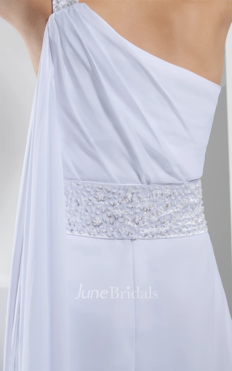 Side Draping One-Shoulder A-Line Dress with Beadings and Brush Train