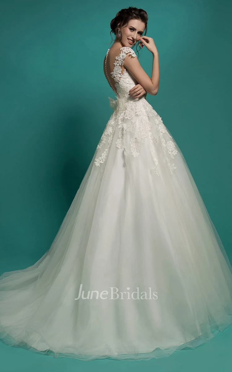 A-Line Long V-Neck Short-Sleeve Illusion Tulle Dress With Appliques And Bow