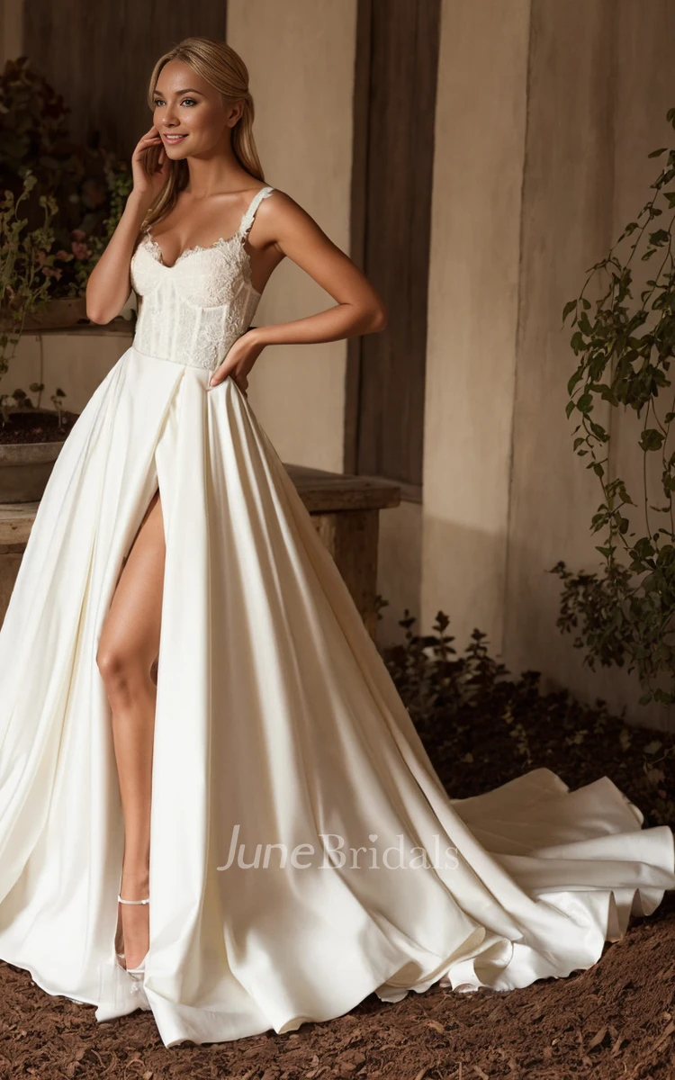 Fall Autumn Elopement A-Line Boho Lace Split Front Wedding Dress Modern Sexy Straps Corset Back Bridal Gown