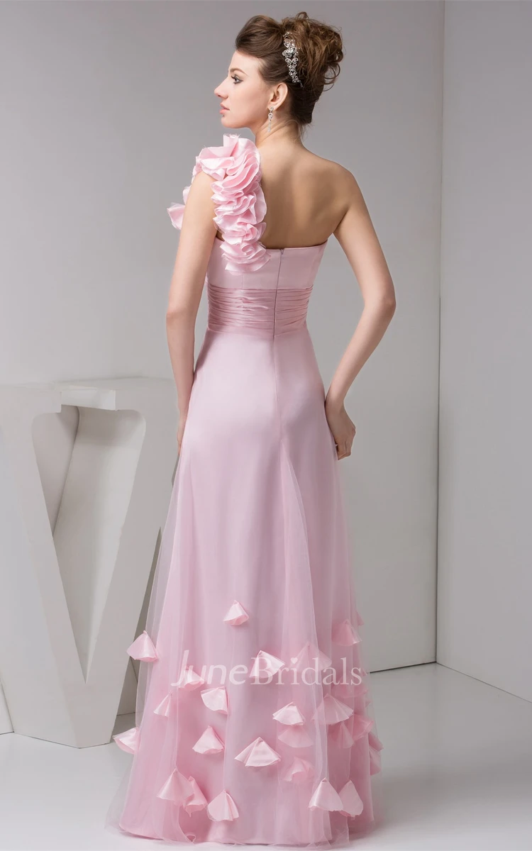 One-Shoulder A-Line Maxi Dress with Ruching and Flower