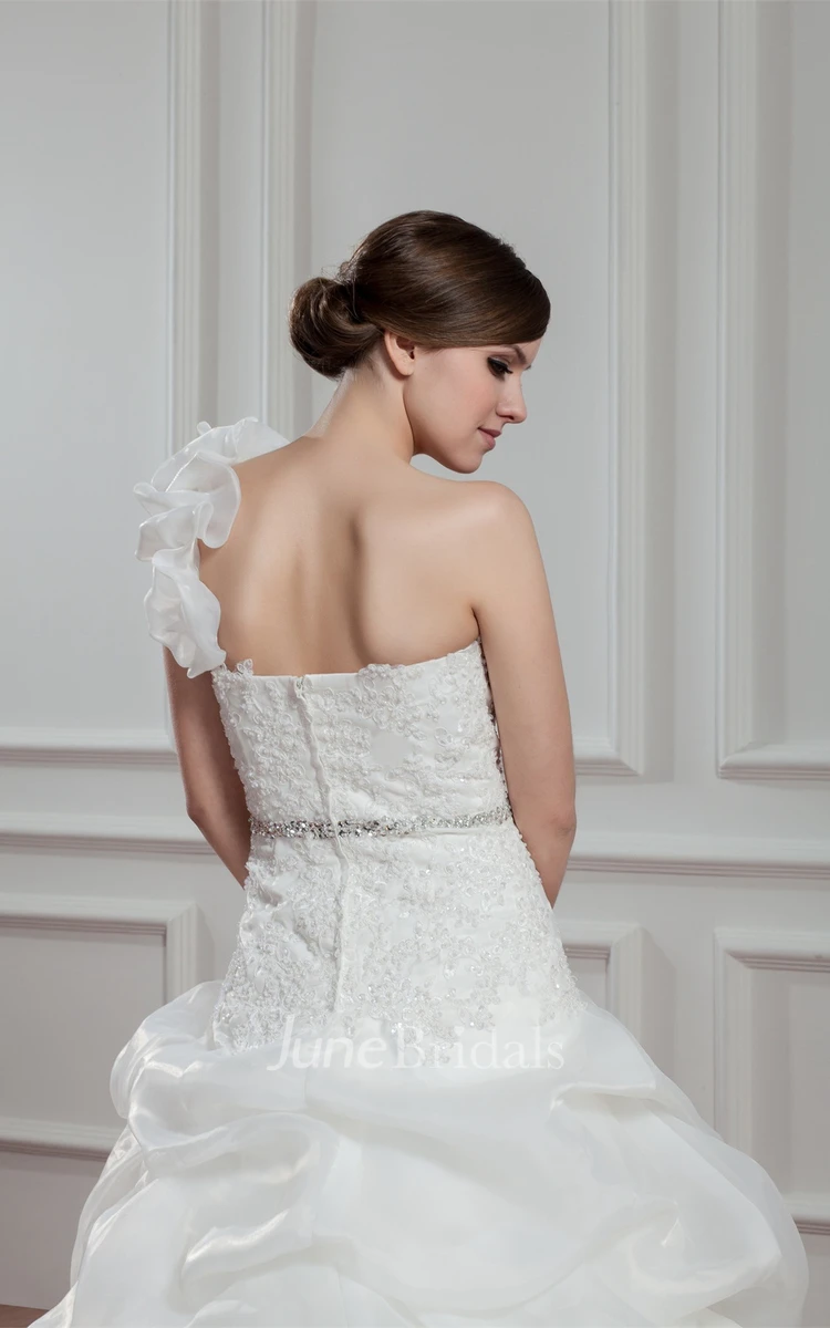 One-Shoulder Pick-Up Ball Gown with Appliques and Gemmed Waist