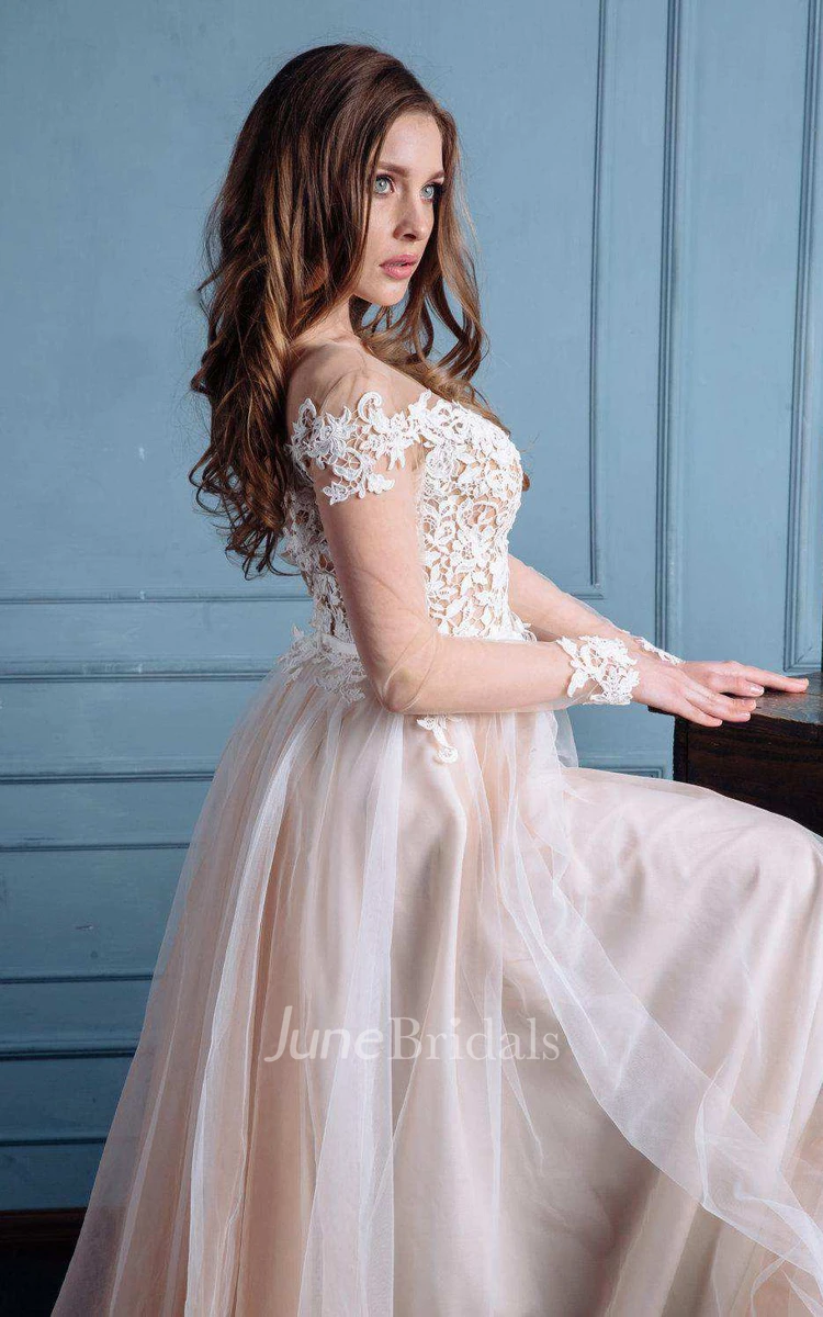 Illusion Long Sleeve Lace Appliqued Tulle A-Line Wedding Dress