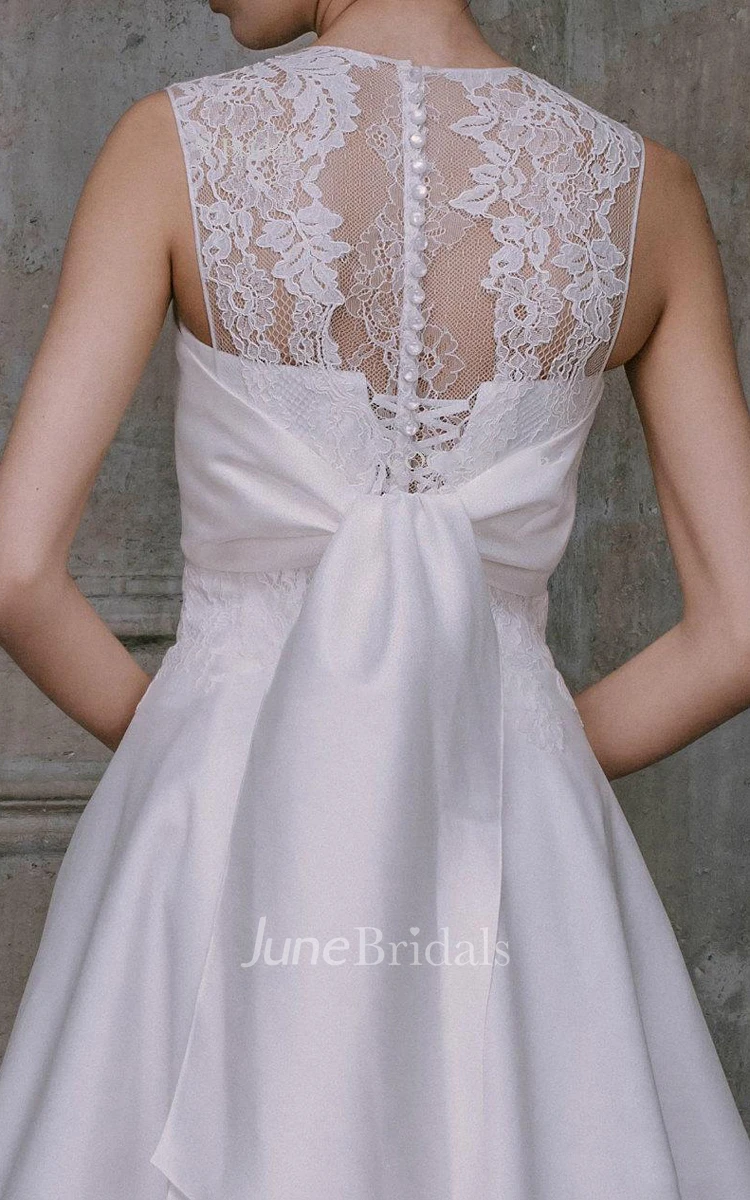 A-Line Scoop Sleeveless Satin Lace Dress With Illusion Back