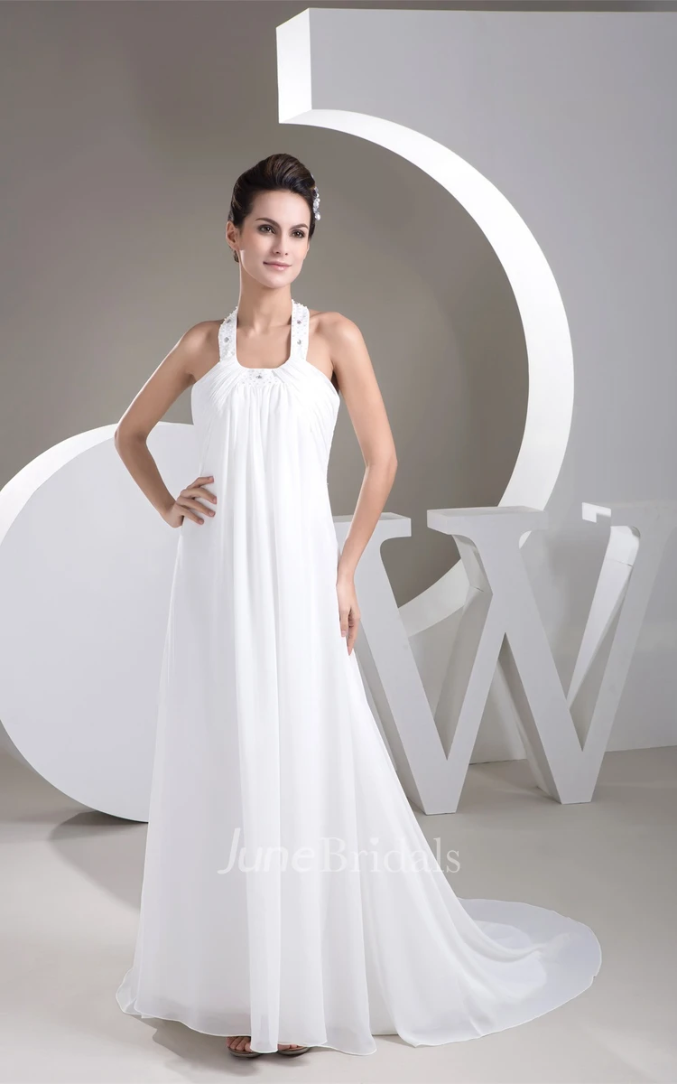 Sleeveless Chiffon Empire Dress with Beading and Halter