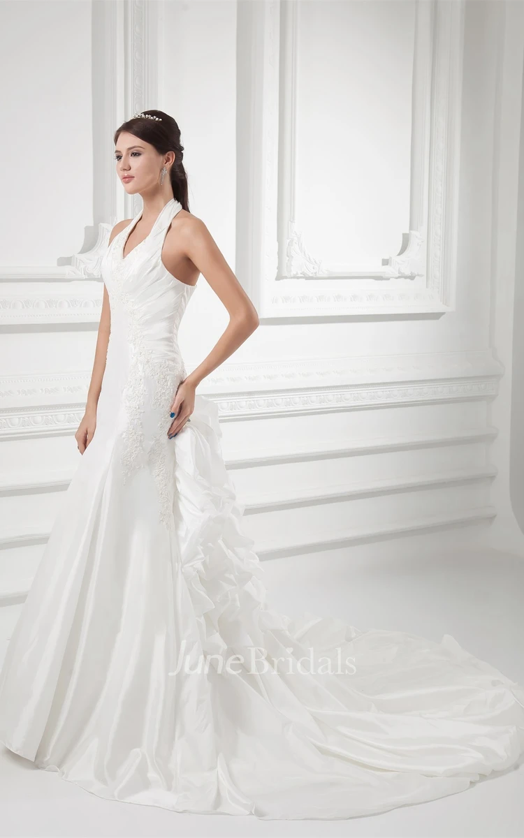 haltered a-line sleeveless gown with appliques and ruching