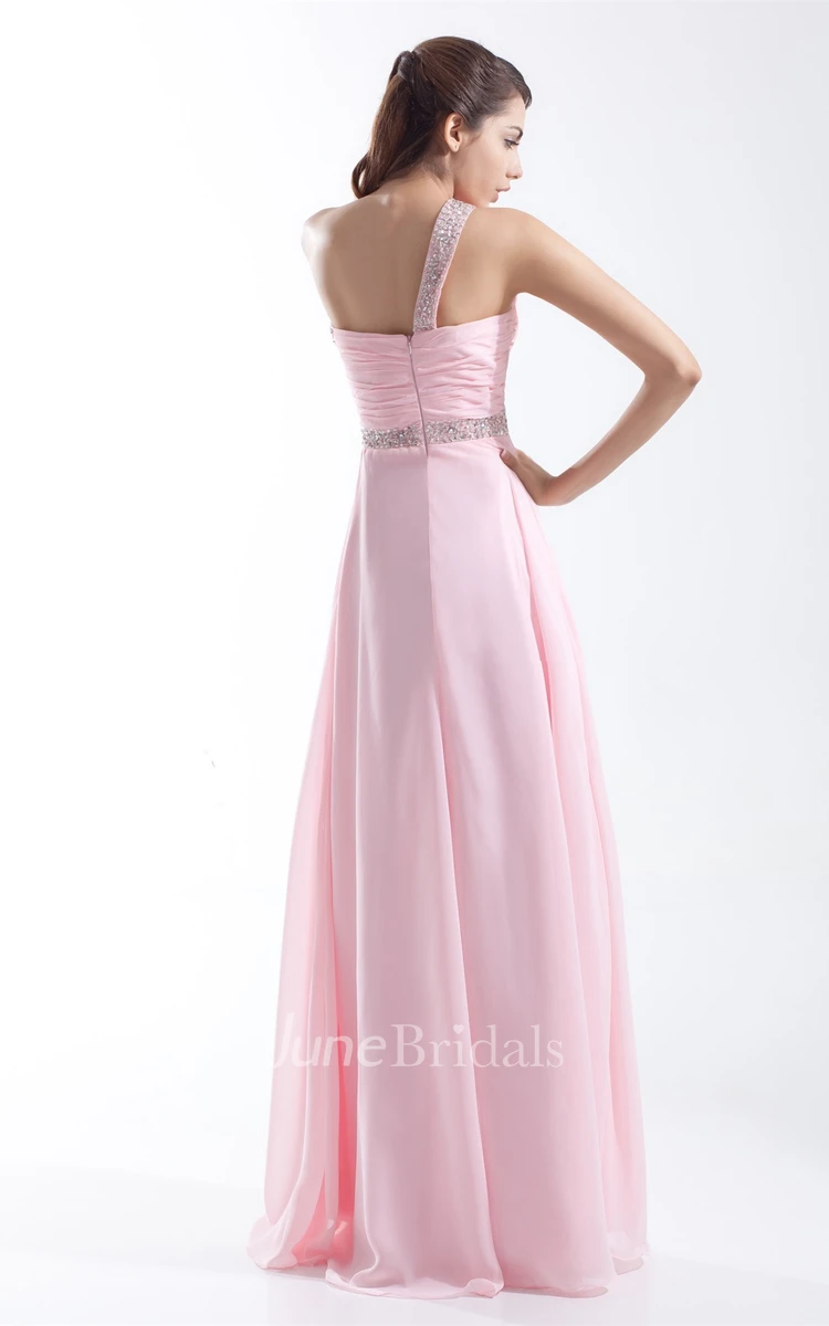 One-Shoulder Chiffon Pleated Gown with Crystal Detailing