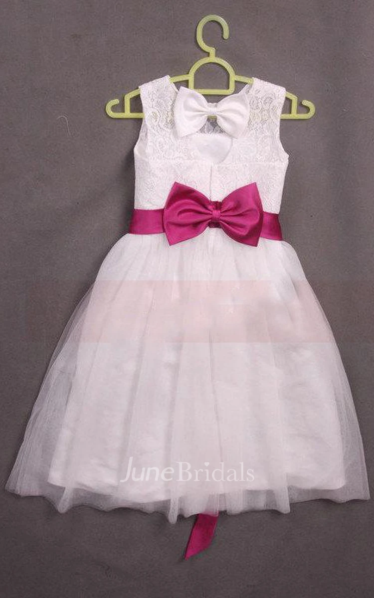 Sleeveless Jewel Tulle&Lace Dress With Bow Belt