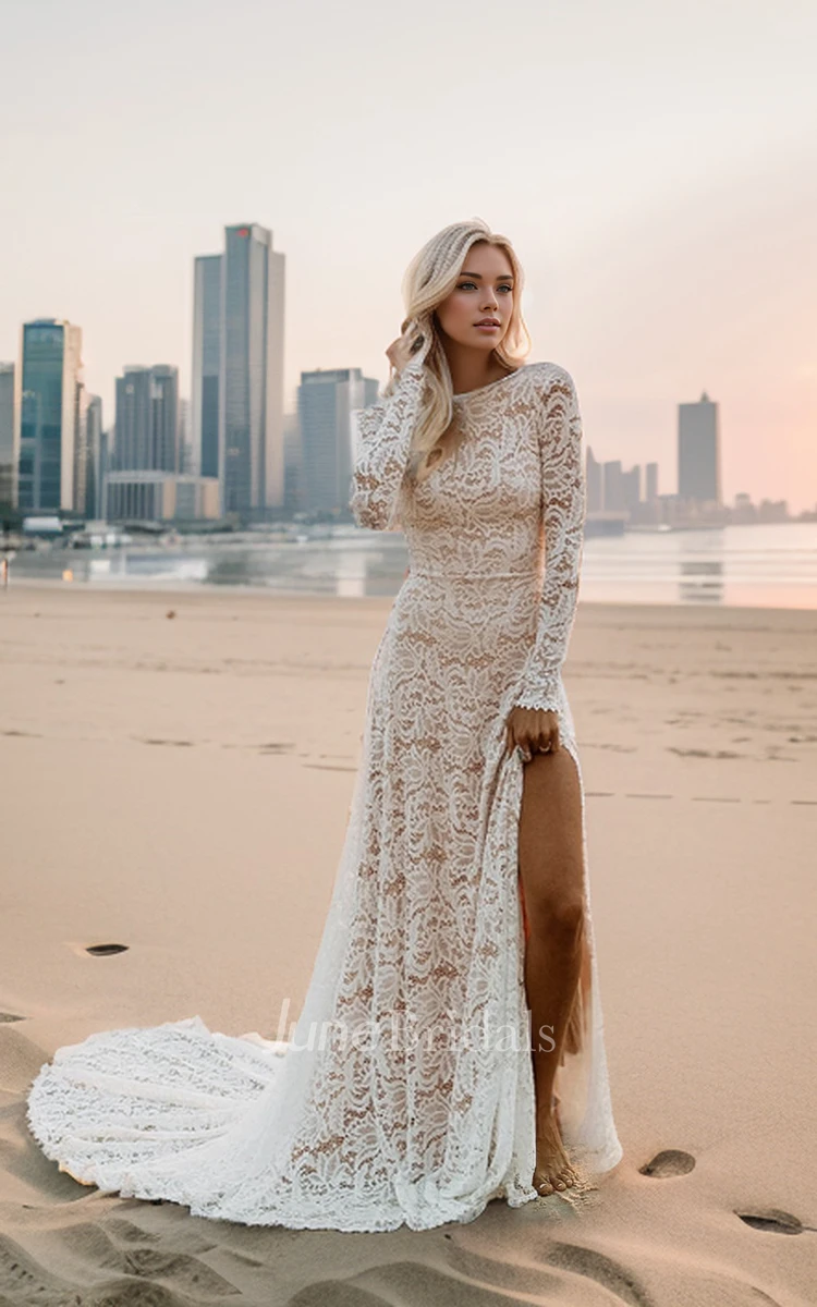 Modest Floral Beach Boho Lace Wedding Dress with Sleeves Elegant Boat Neck Open Back Sweep Train Bridal Gown