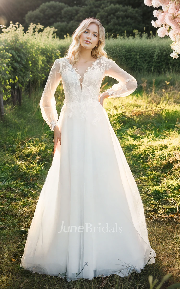 Long Sleeves Aa-line Lace Tulle V-back Wedding Dresses Long Sleeves Aa-line Lace Tulle V-back Wedding Dresses