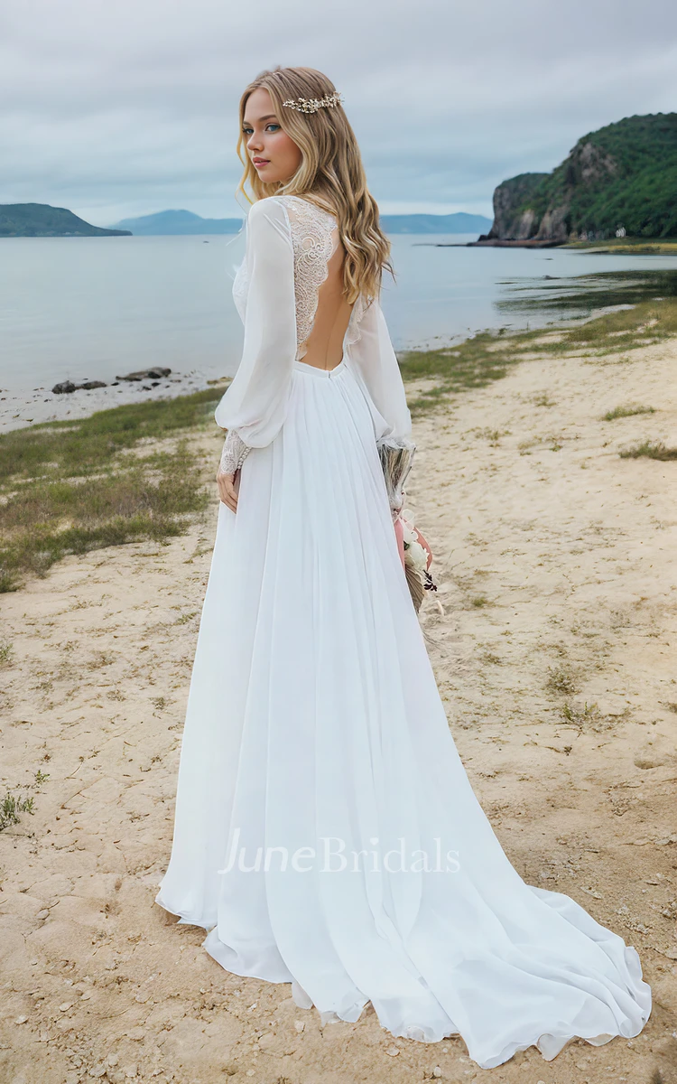 Beach Simple Vintage A-Line Boho Lace Wedding Dress Modest Cowgirl Long Sleeve Split Front Chiffon Bridal Gown with Train