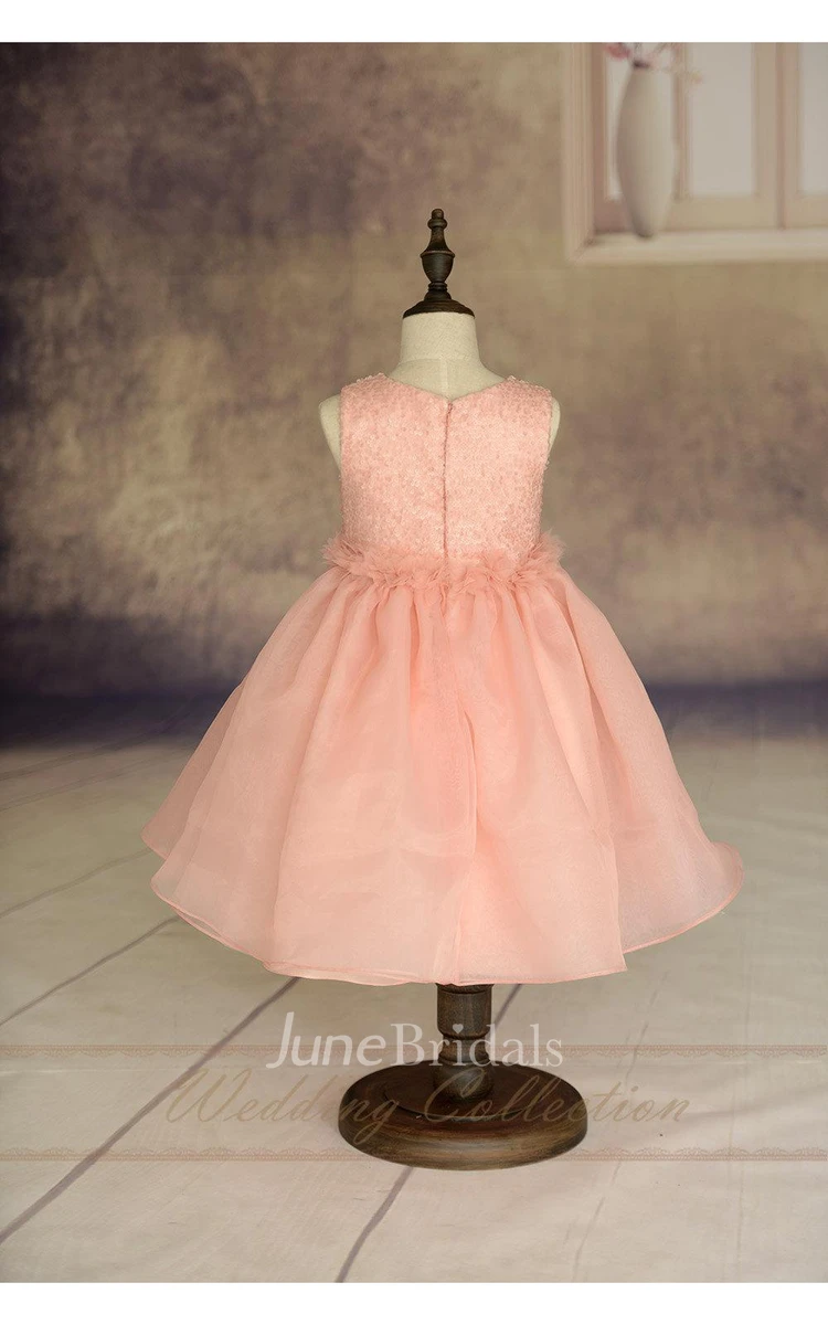 Blush Pink Flower Girl Dress Handmade Flowers Waistband Tulle Skirt and Sequin Bodice