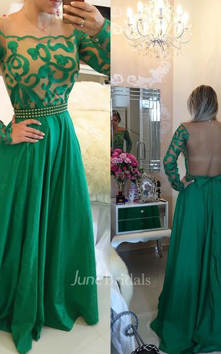 Beautiful Green Long Sleeve Prom Dress A-Line With Pearls