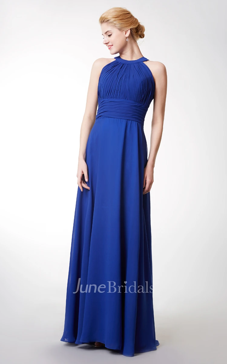 Halter Ruched Long Bridesmaid Dress With Key-hole Back