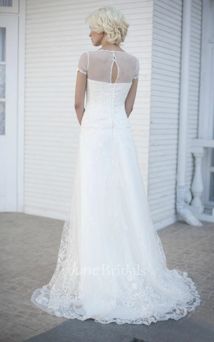 Rustic Lace Ivory Satin Bridal With Train Dress