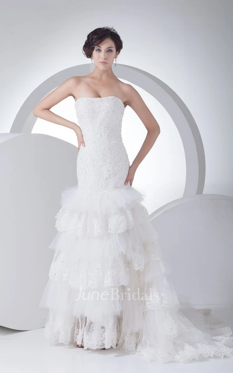 Intricate Strapless Column Dress With Tiers and Beaded Bodice