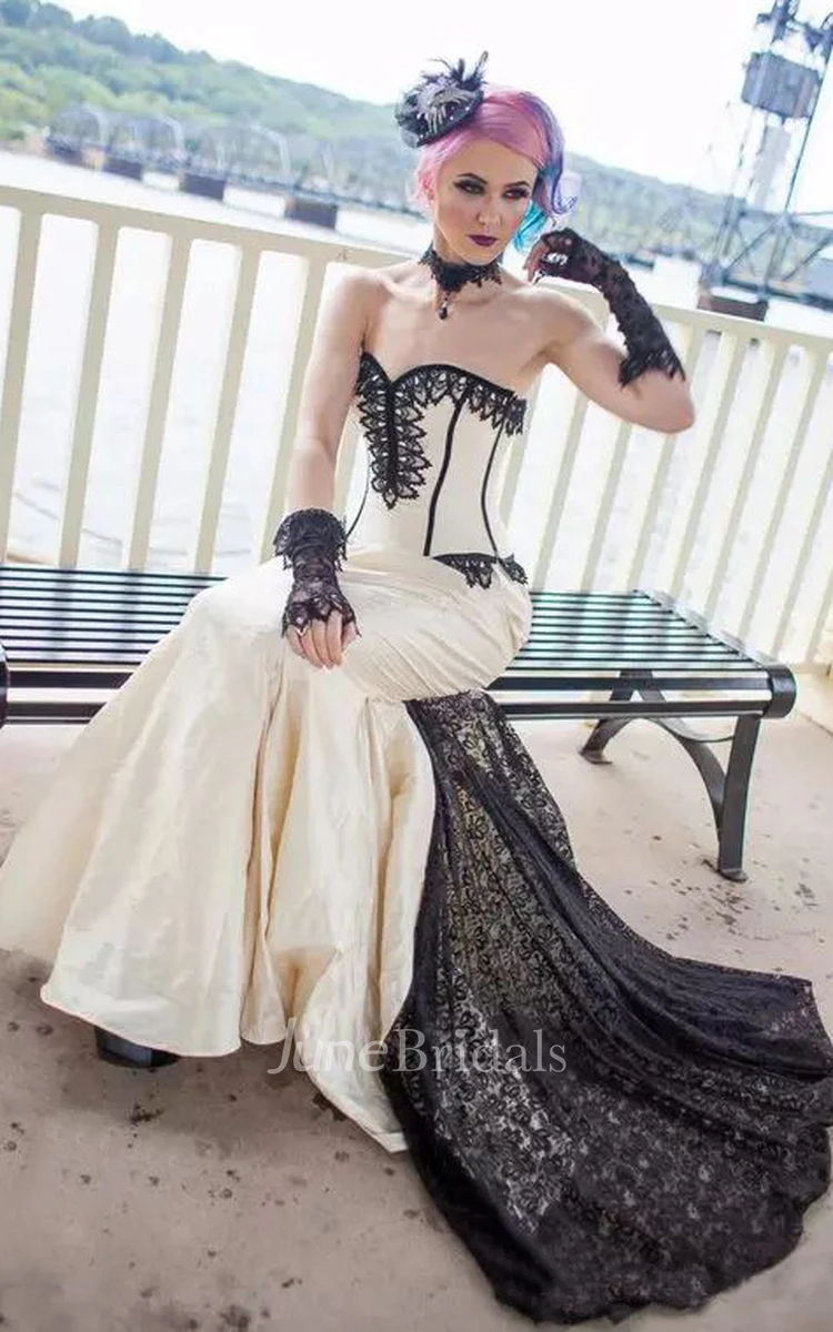 Mermaid Sweetheart Taffeta Lace Floor-length Sweep Train Sleeveless Wedding Dress with Corset Back