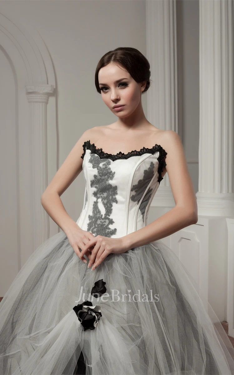 Strapless Tulle A-Line Dress with Appliques and Flower