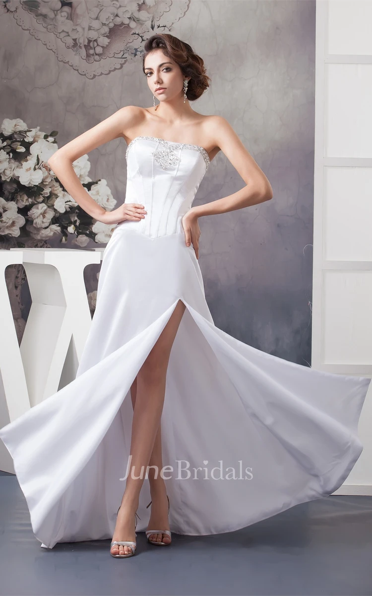 Strapless Front-Split Floor-Length Dress with Jeweled Top