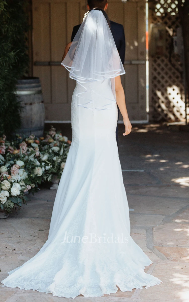 Simple Trumpet Strapless Chiffon Lace Wedding Dress With Open Back And Appliques