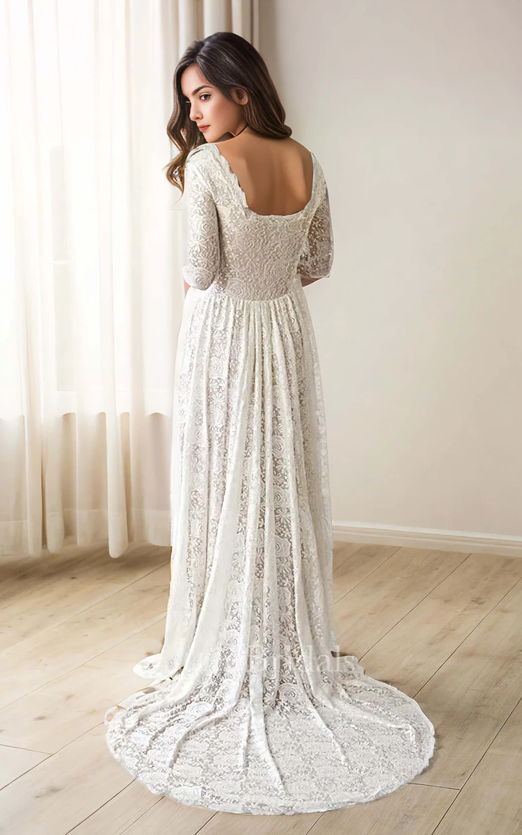 Bohemian Lace Flower Square Neck Long Sleeve Sheath Elegant Bride Wedding Dress with Train