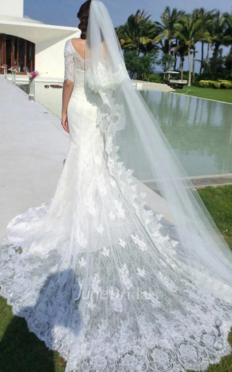 Off-the-shoulder Half Sleeve Mermaid Brush Train Lace Ivory Wedding Dress