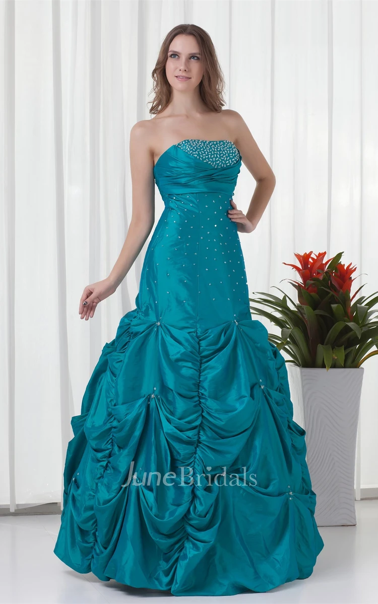 Strapless Beaded Pick-Up Gown with Buckle and Ruching