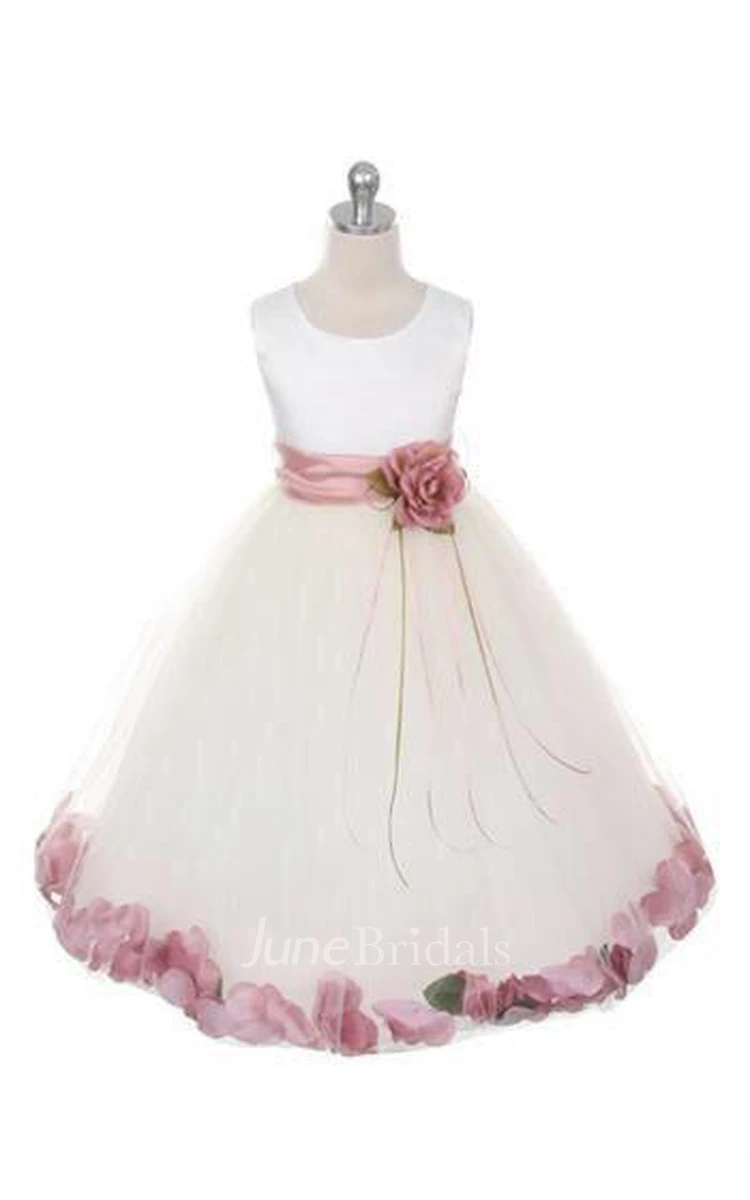 Satin Bust Pleated A-line Tulle Dress With Floating Petals and Organza Sash