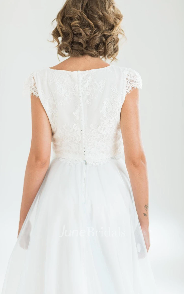 Crop Top Two Piece Wedding With Lace Top And Flowing Blue Skirt Dress -  June Bridals