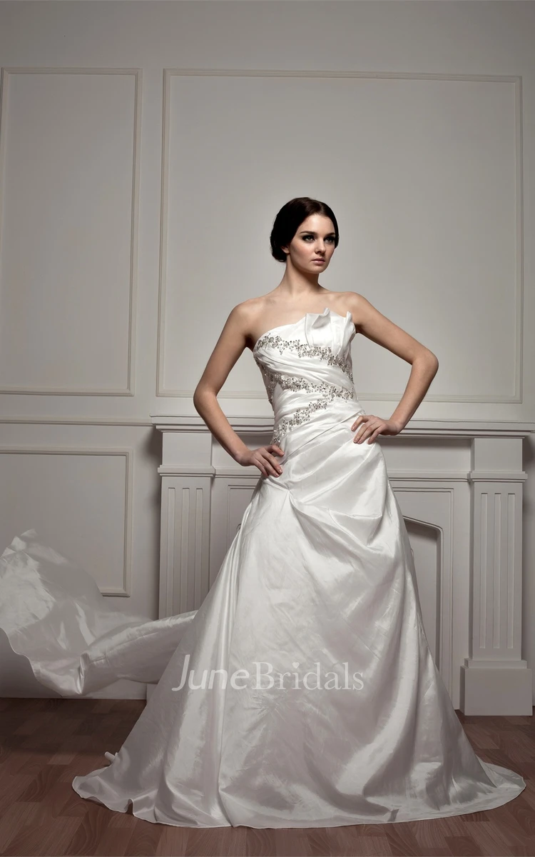 Strapless Taffeta A-Line Dress with Beading and Sweep Train