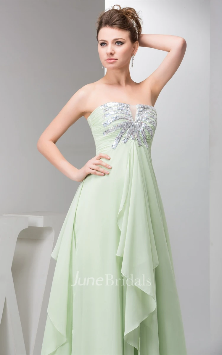Strapless Empire Chiffon Maxi Dress with Draping and Sequined Top