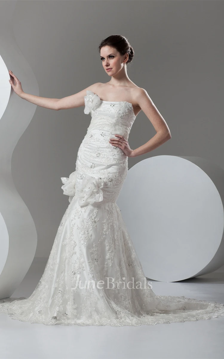 Strapless Lace Floor-Length Dress with Flower and Beading