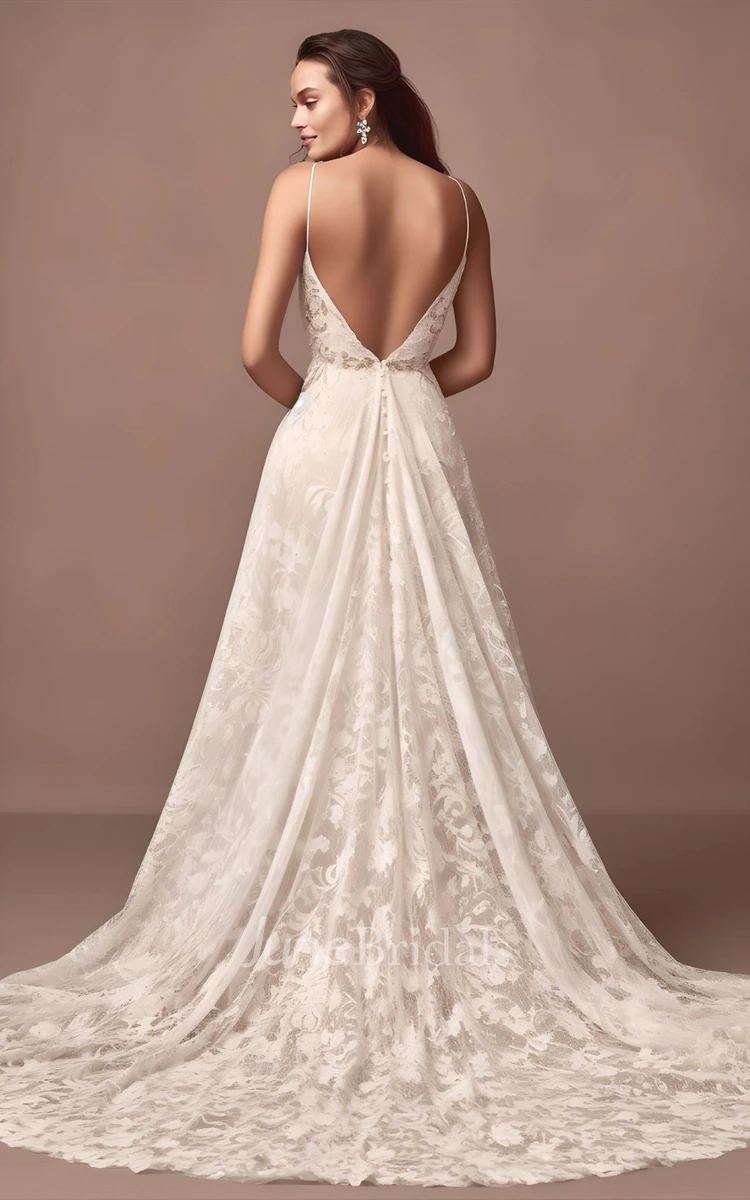 A-Line Sleeveless Tulle Lace Wedding Dress with Split Front Plunging Neckline V-neck Court Train 2024 Sexy Beach Elegant
