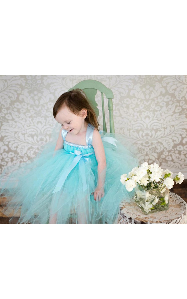 Aqua Blue Sleeveless Pleated Ruffled Tulle Flower Girl Dress With Satin Sash