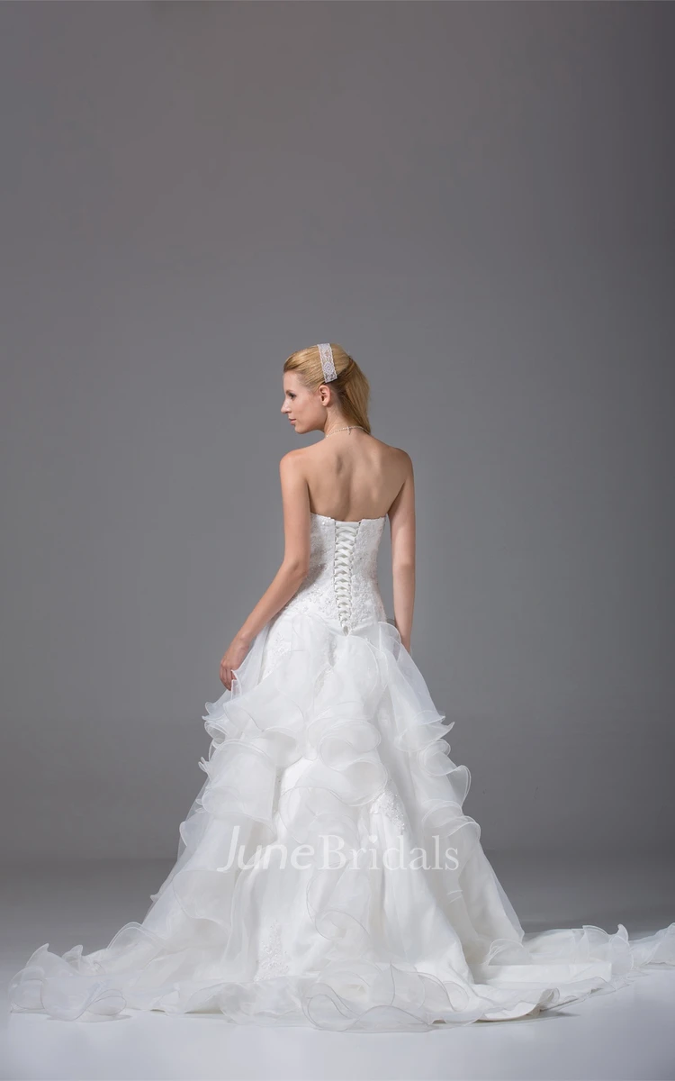 Ruffled A-Line Gown with Appliques and Crystal Detailing