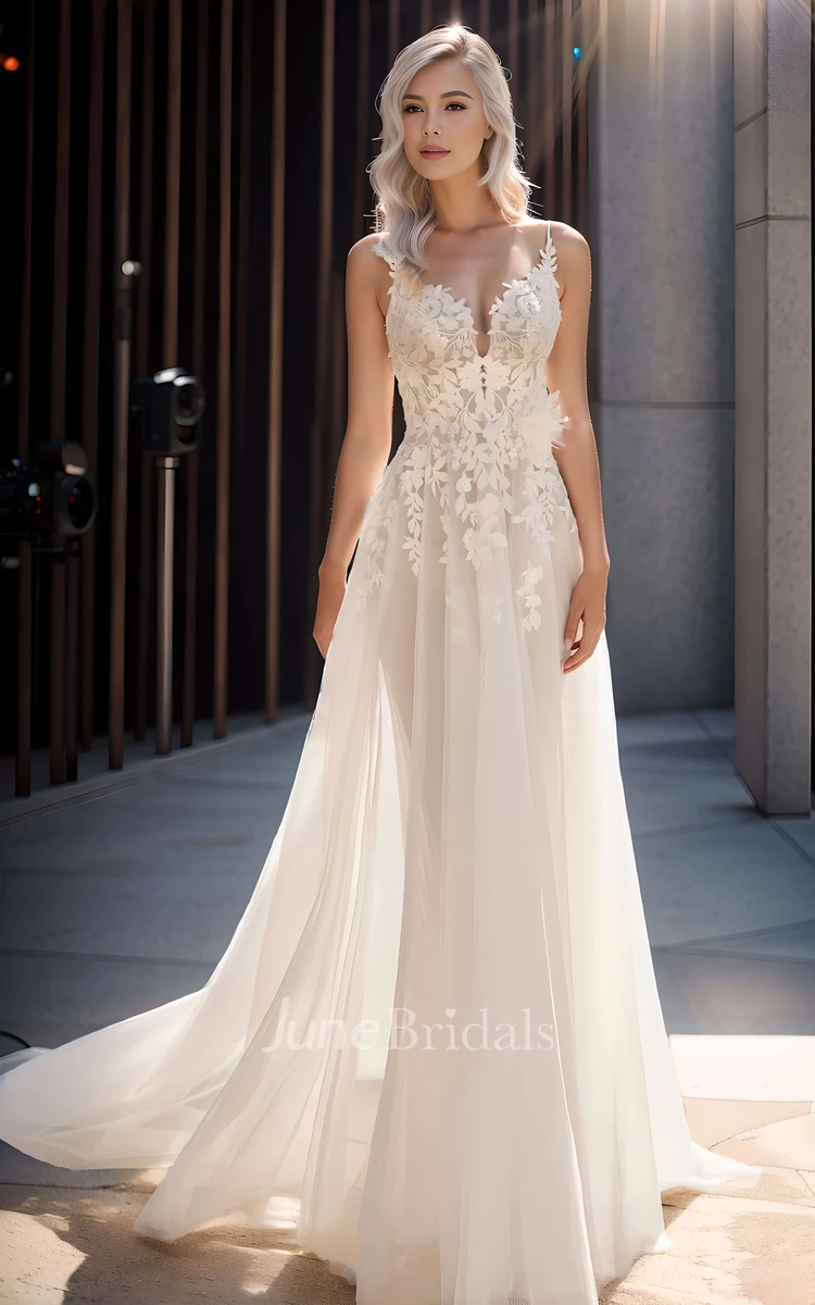 Ethereal Romantic A-Line Spaghetti V-neck Lace Tulle Wedding Dress Sexy Elegant Garden Sleeveless Appliques Floor-length Zipper Deep-V Back Bridal Dress with Train