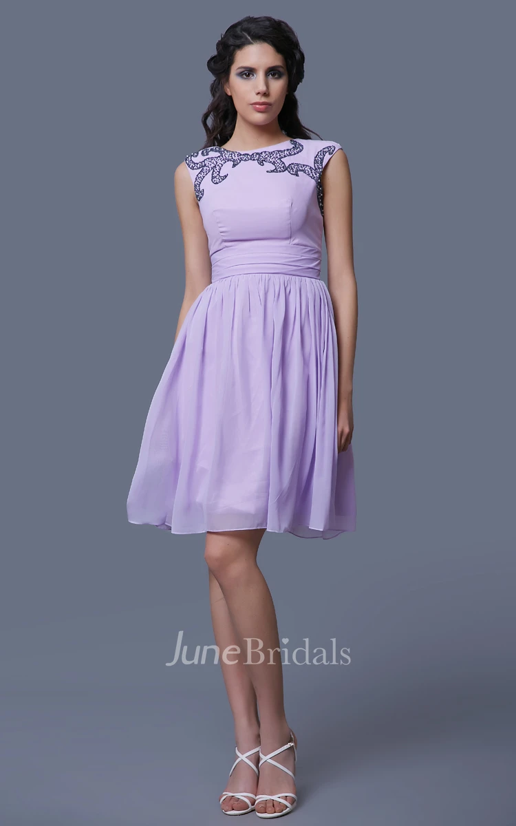 Short A-Line Sleeveless Chiffon Dress With Beadwork and Jewel Neck