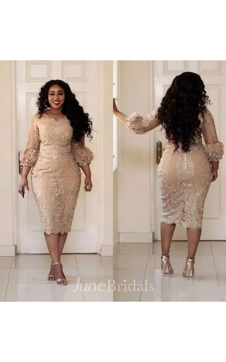 Scalloped Lace Vintage Bodycon Sexy Plus Size Knee-length 3-4 Length Sleeve Puff Balloon Dress